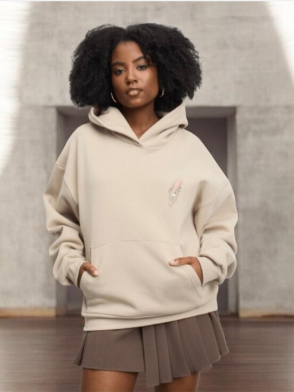 Oversized Cream Hoodie with Front Pocket